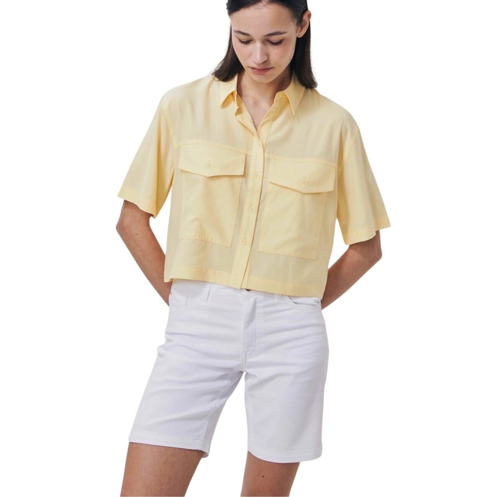 Piazza Italia Yellow Cropped Short Sleeve Button Down Utility Shirt Womens Small